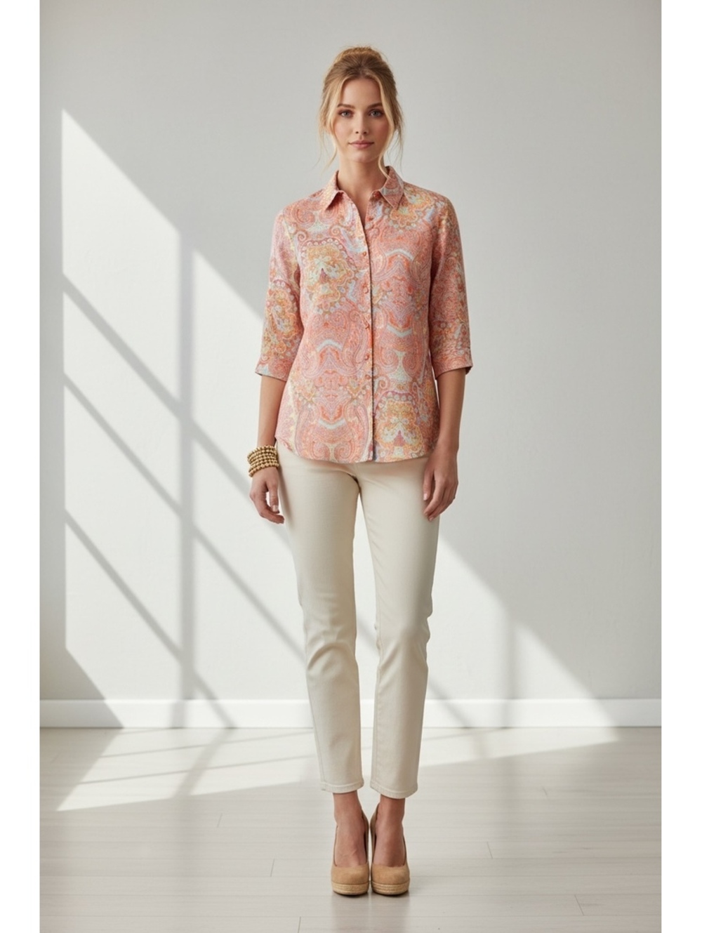 Chico's No Iron 100% Linen 3/4 Sleeve Paisley Shirt Coral Orange Blue Size 2 / L